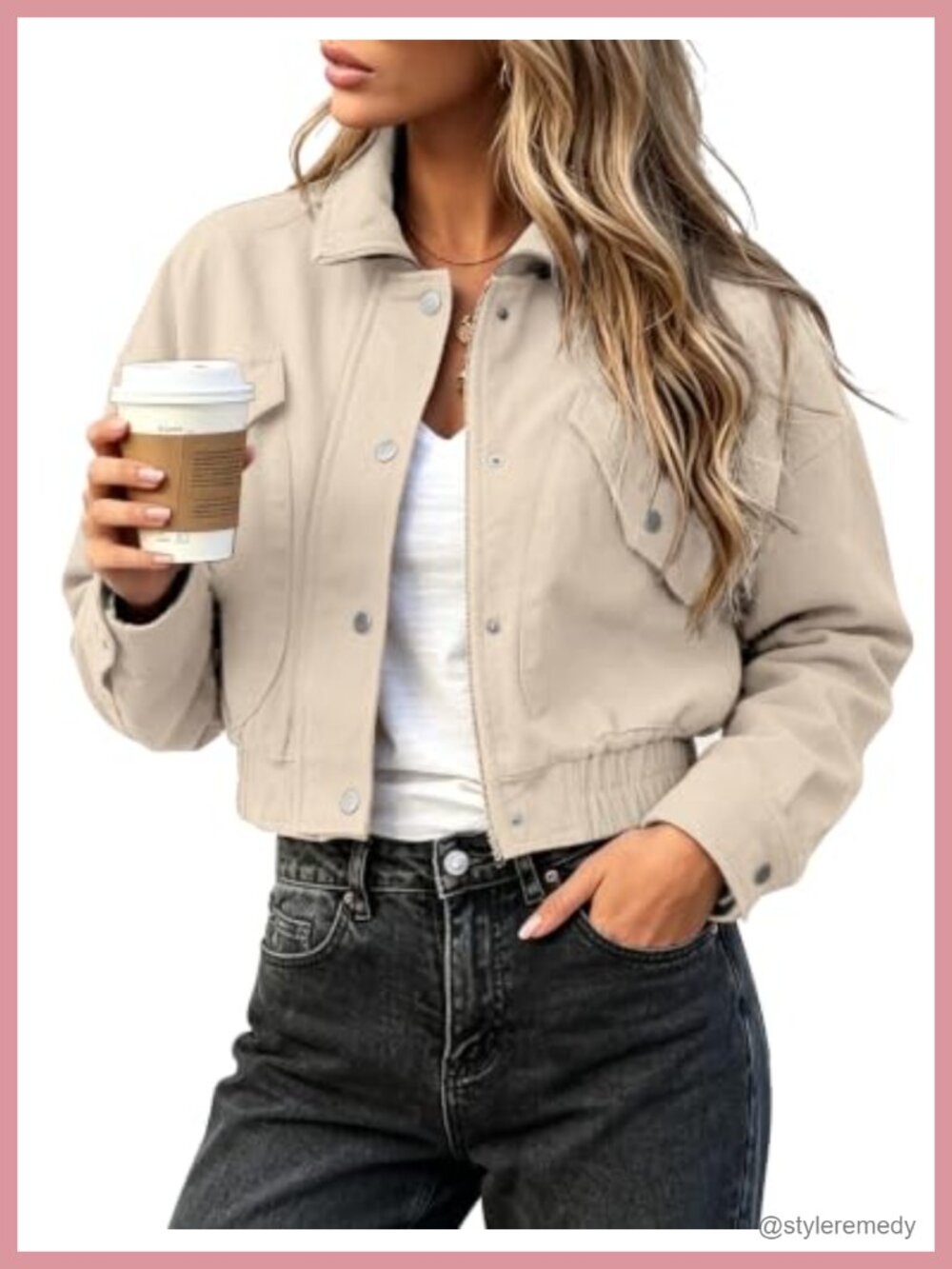 Cropped Denim Bomber Jacket with Pockets for Women